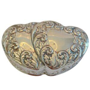 Vintage Silver Plated Double Heart Jewelry Trinket Box w/Floral Accents